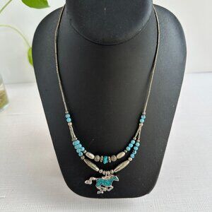 Turquoise Bead and Silver Tone Horse Necklace 18"